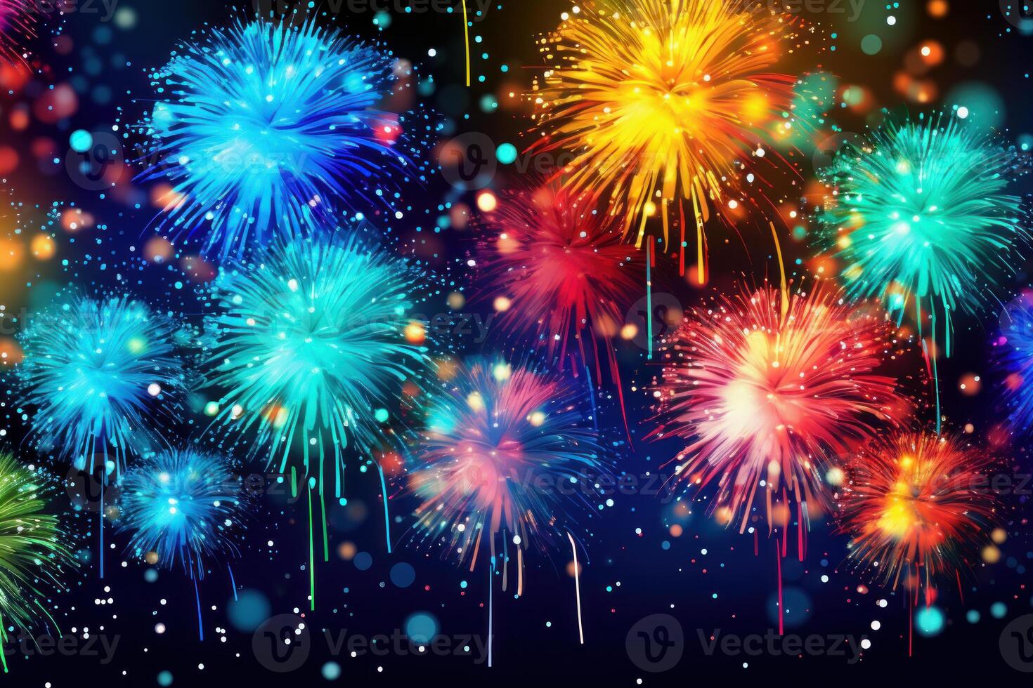 Colorful fireworks exploding in night sky with festive bokeh effect photo