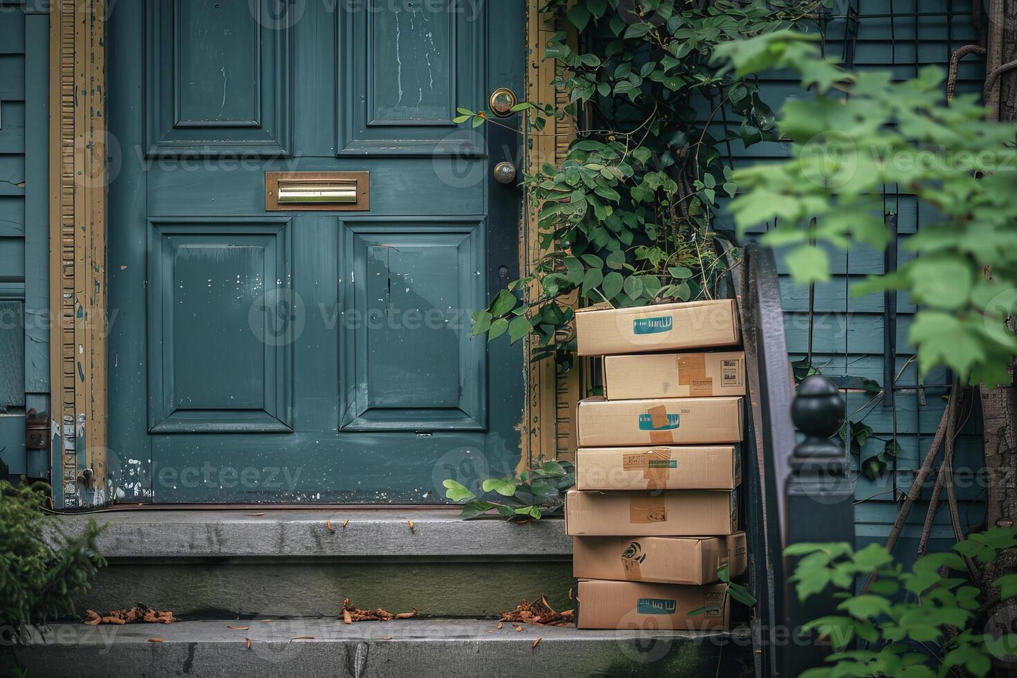 Pile of cardboard boxes sitting on steps by front door photo
