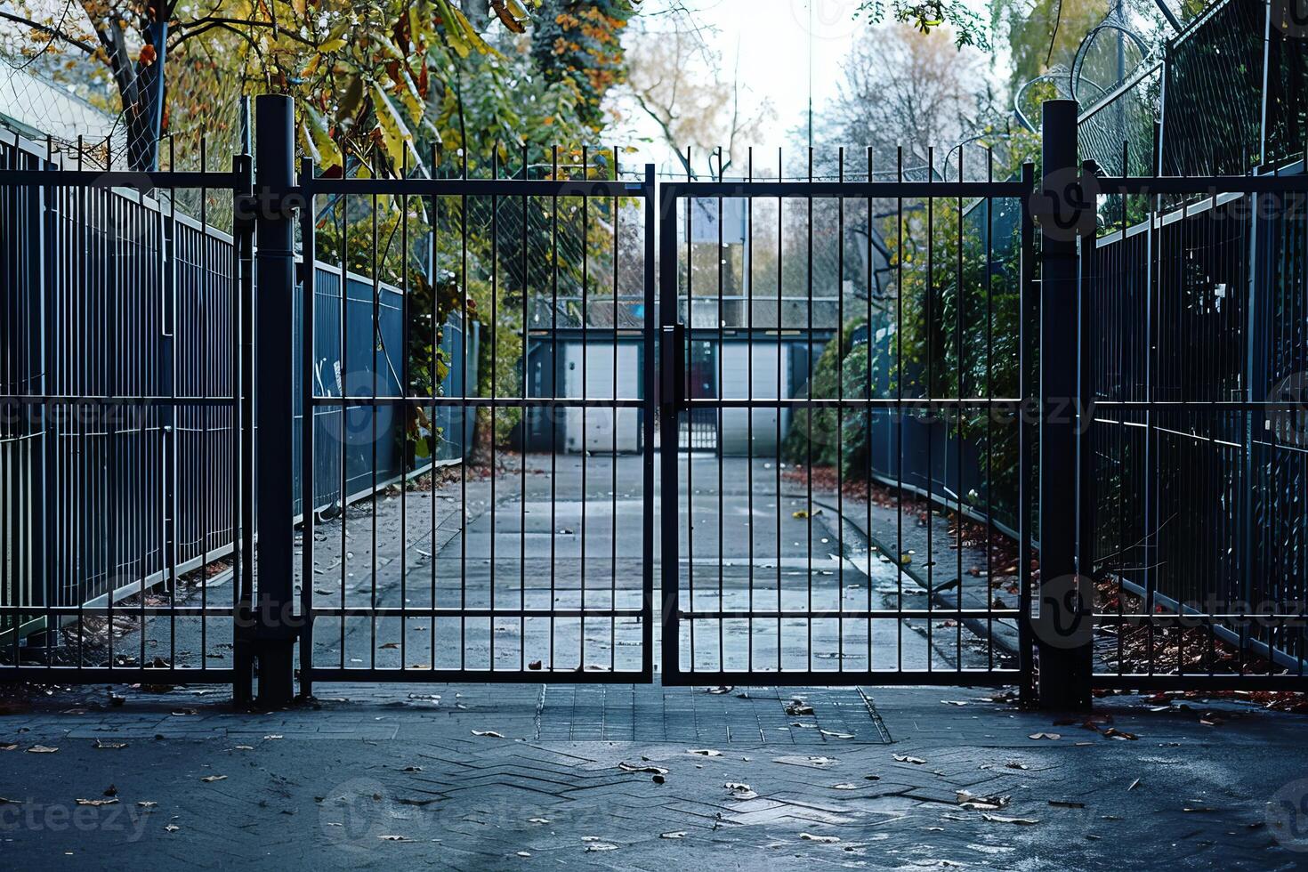 Closed metal gate blocking access to empty urban area photo