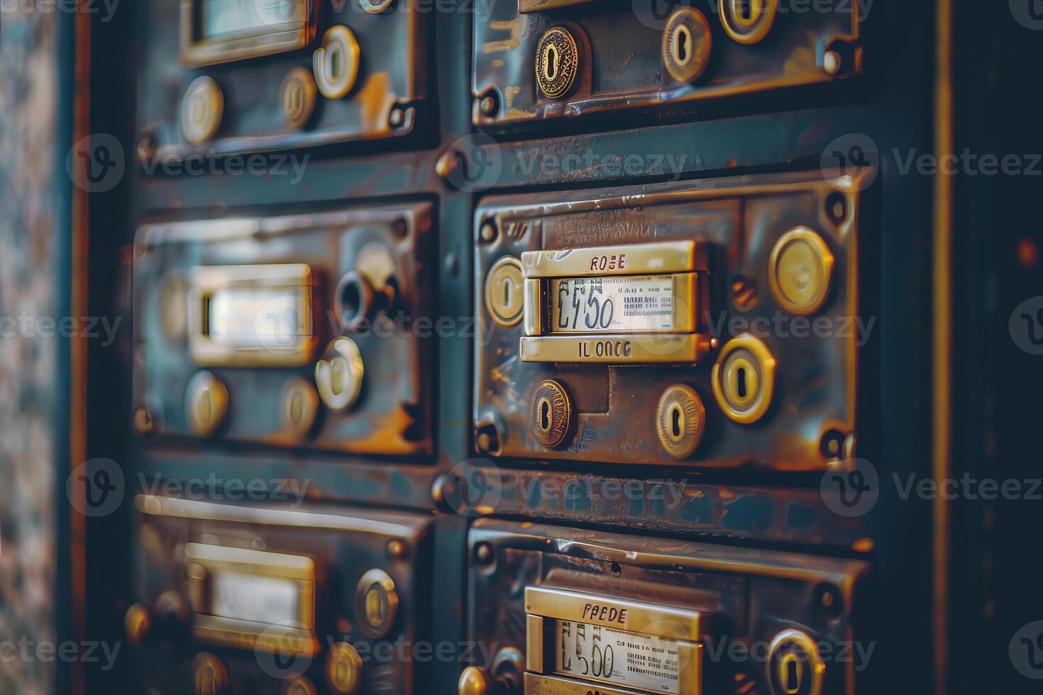 Old fashioned mailboxes showing occupants names and having rounded buttons photo