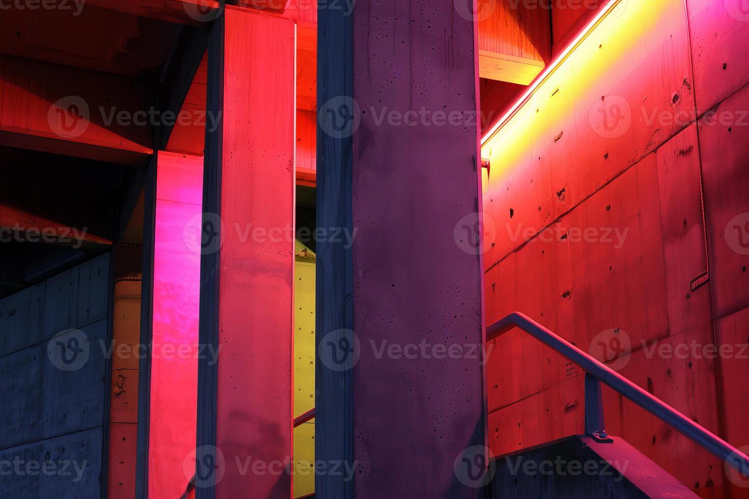 Stairway with metal handrail passing through colorful concrete walls photo