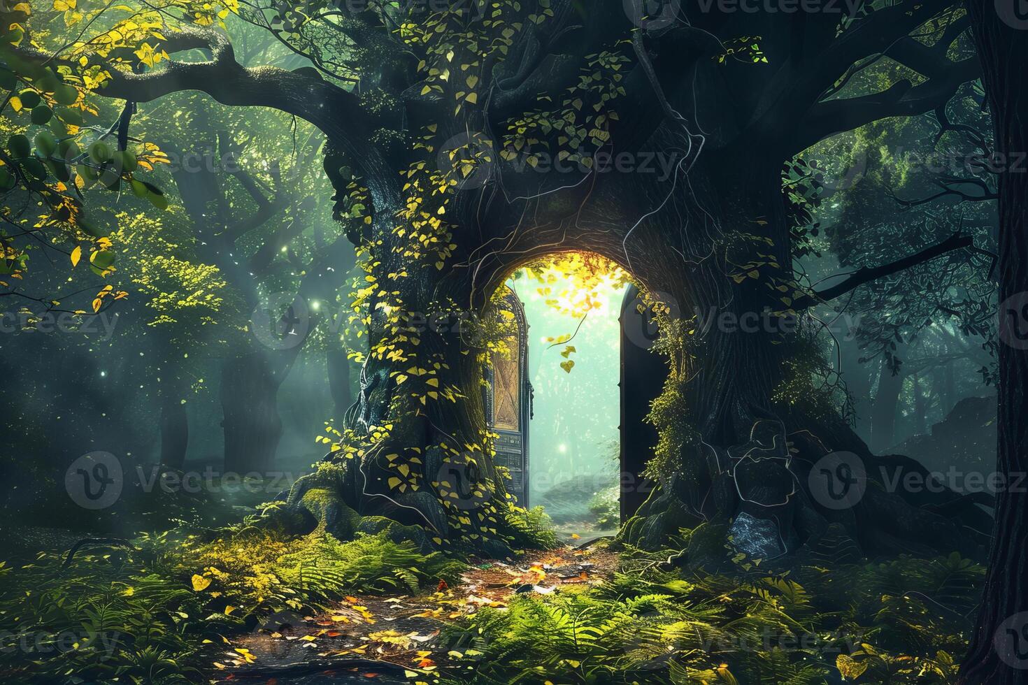Magical gate leading to another world is appearing in tree trunk in fantasy forest photo