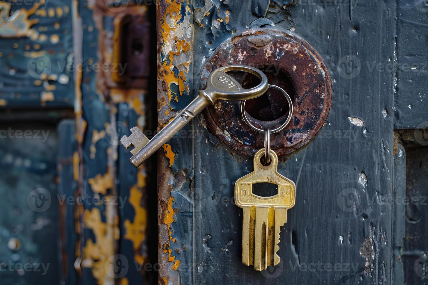 Old keys hanging on a rusty keyhole of a weathered door photo