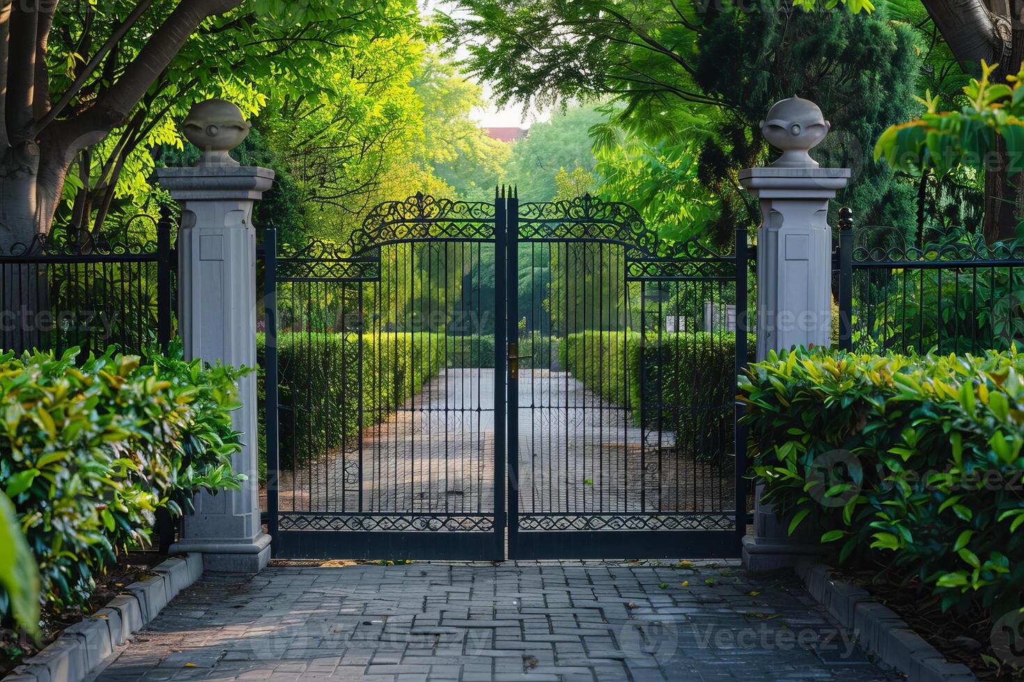 Black wrought iron gate opening onto a cobblestone driveway photo