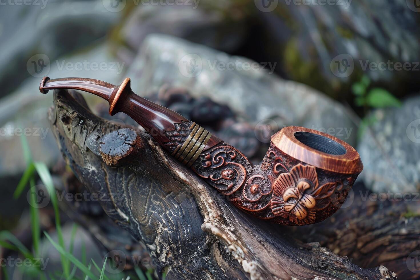 Handcrafted briar smoking pipe resting on natural wooden surface photo