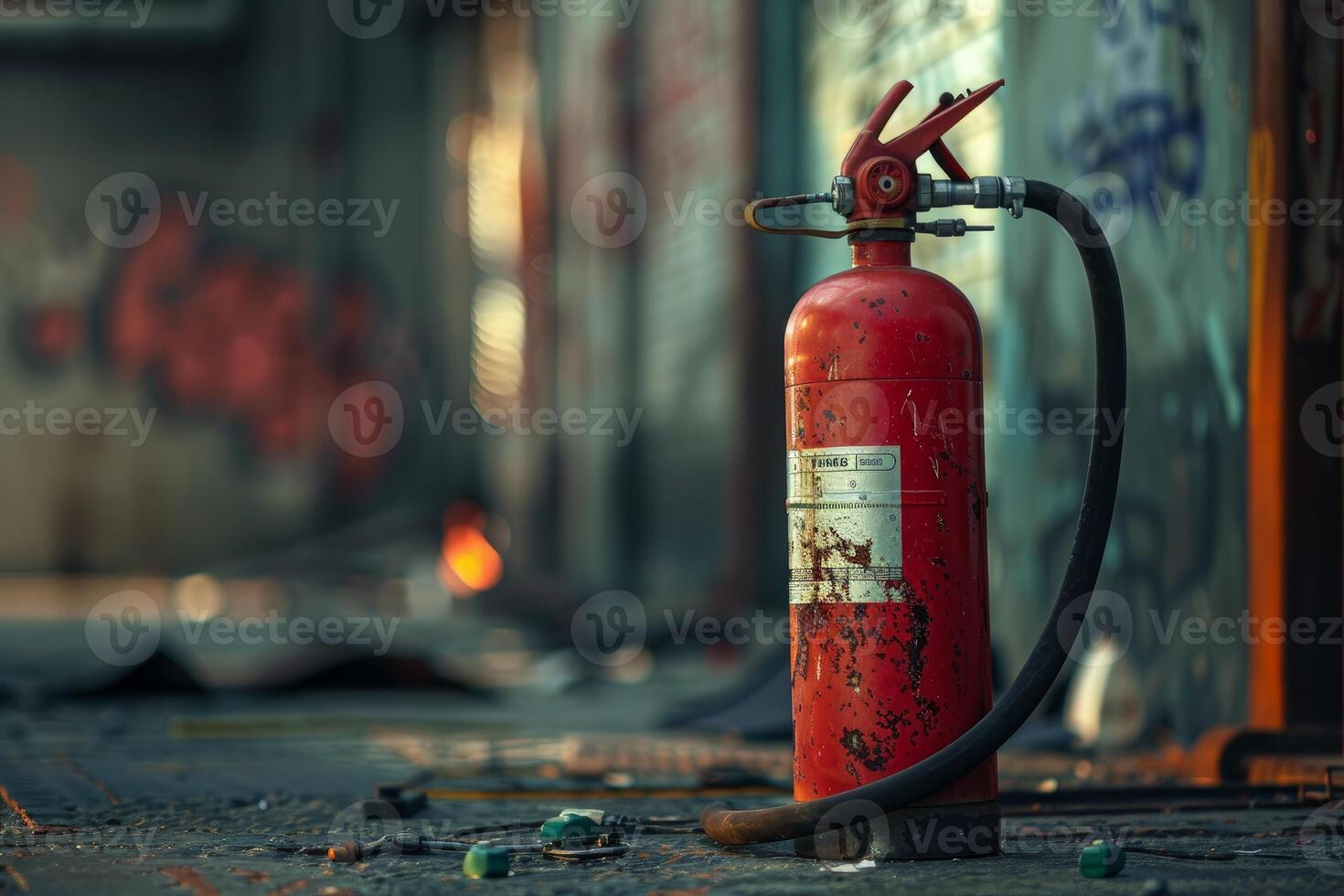 Old red fire extinguisher standing on dirty ground in abandoned building photo