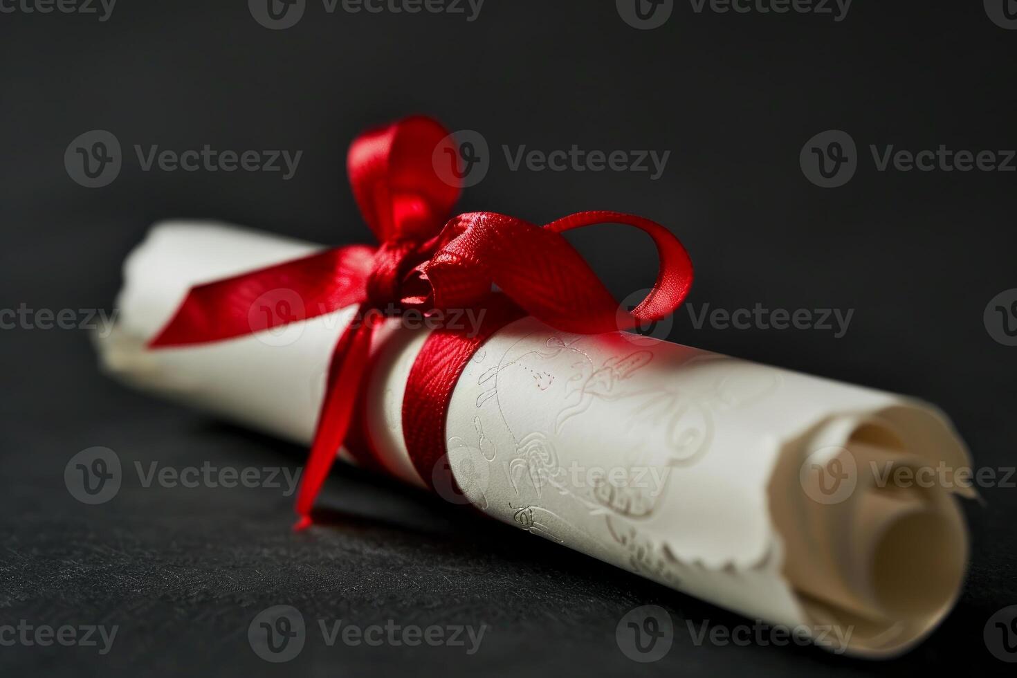 White diploma scroll tied with red ribbon on black background photo