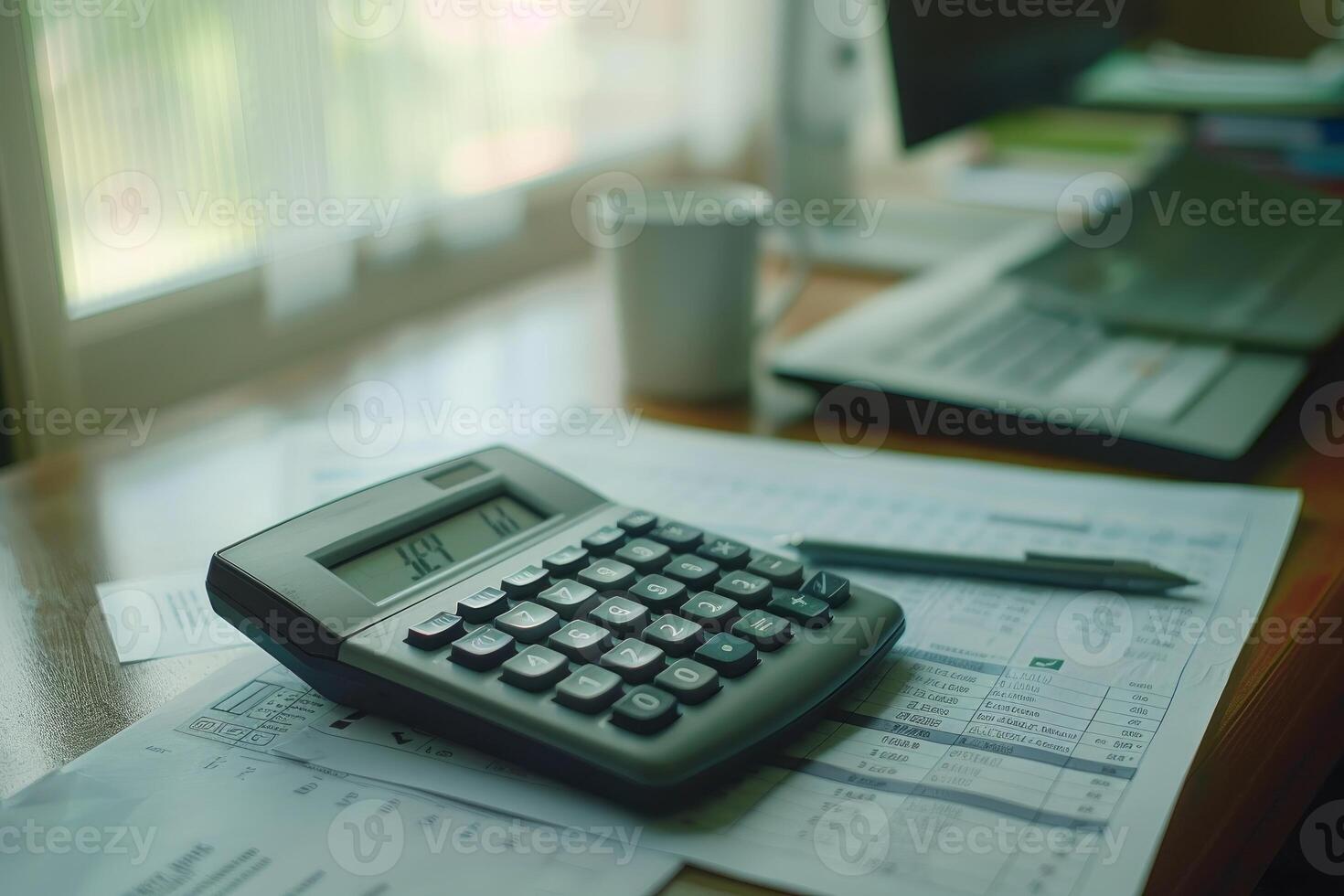 Accountant calculating expenses for financial report using calculator photo