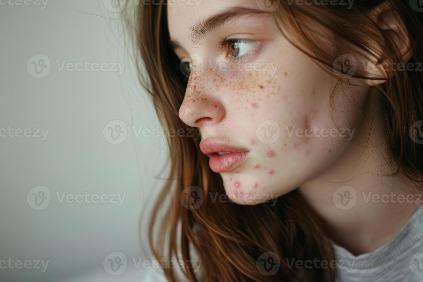 Young woman looking away showing acne scars and freckles photo