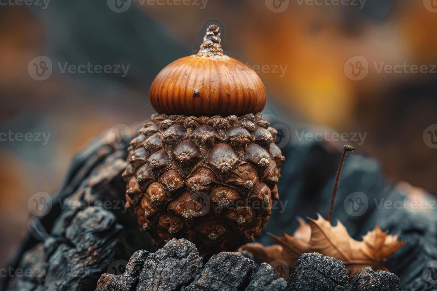 Acorn balancing on pine cone on burnt ground photo