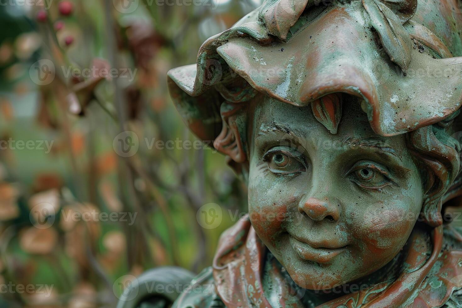 Smiling stone garden statue wearing a hat and a scarf photo
