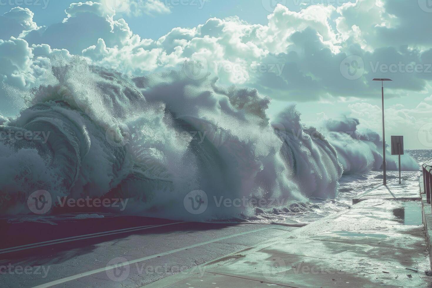 Huge ocean wave crashing on coastal road during storm photo
