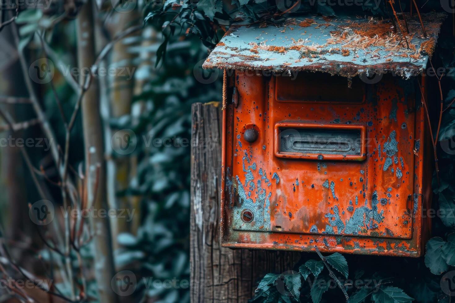 Old red mailbox is rusting in the garden photo