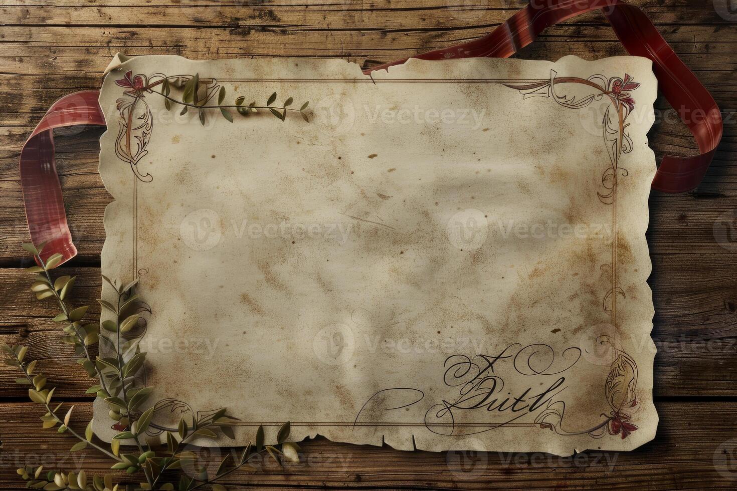 Old paper with red ribbon lying on wooden desk is showing concept of history photo