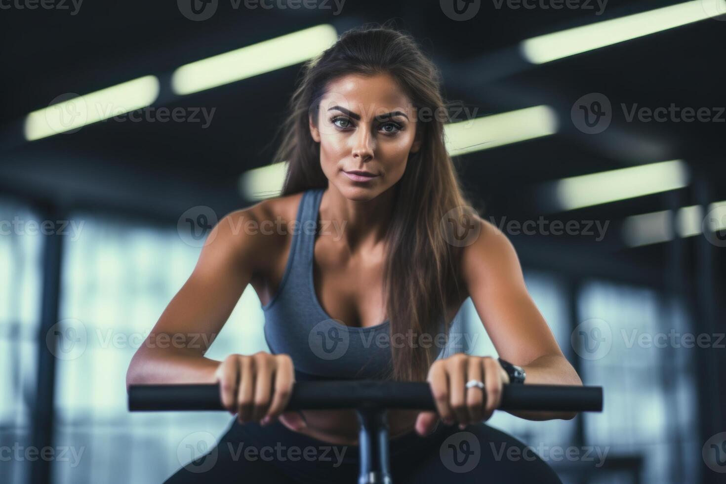 Determined sportswoman using rowing machine in modern gym photo