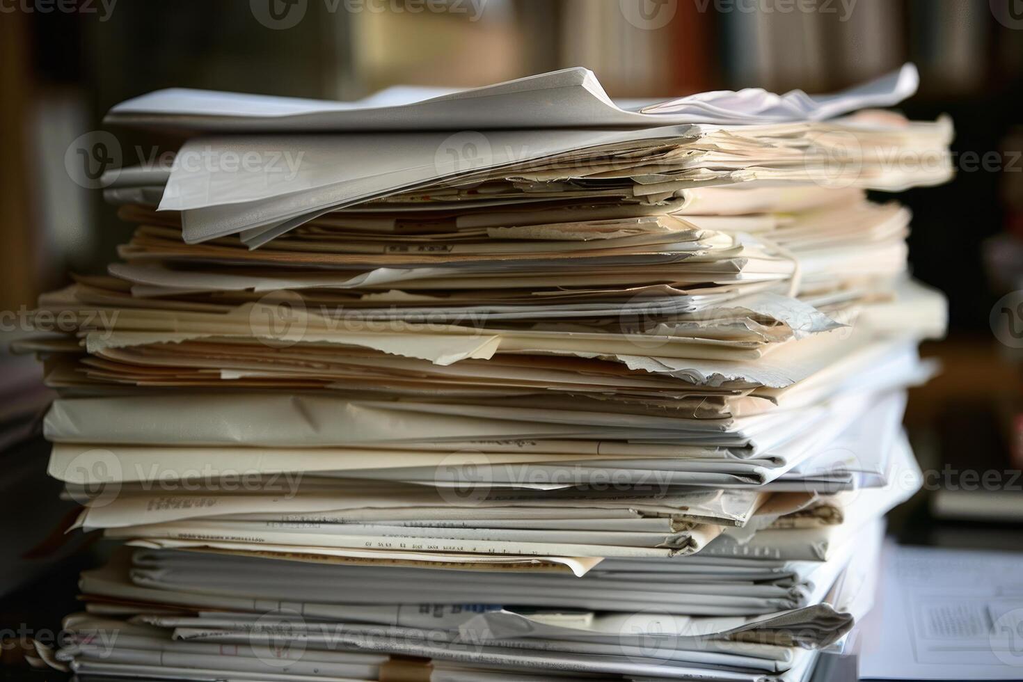 Stack of old papers creating clutter and chaos photo