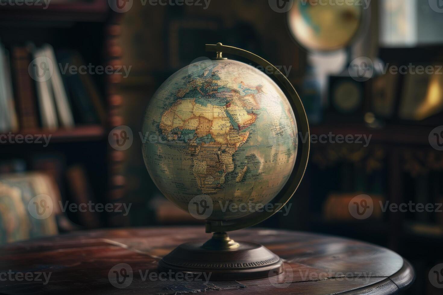 Old globe showing africa standing on desk in antique library photo