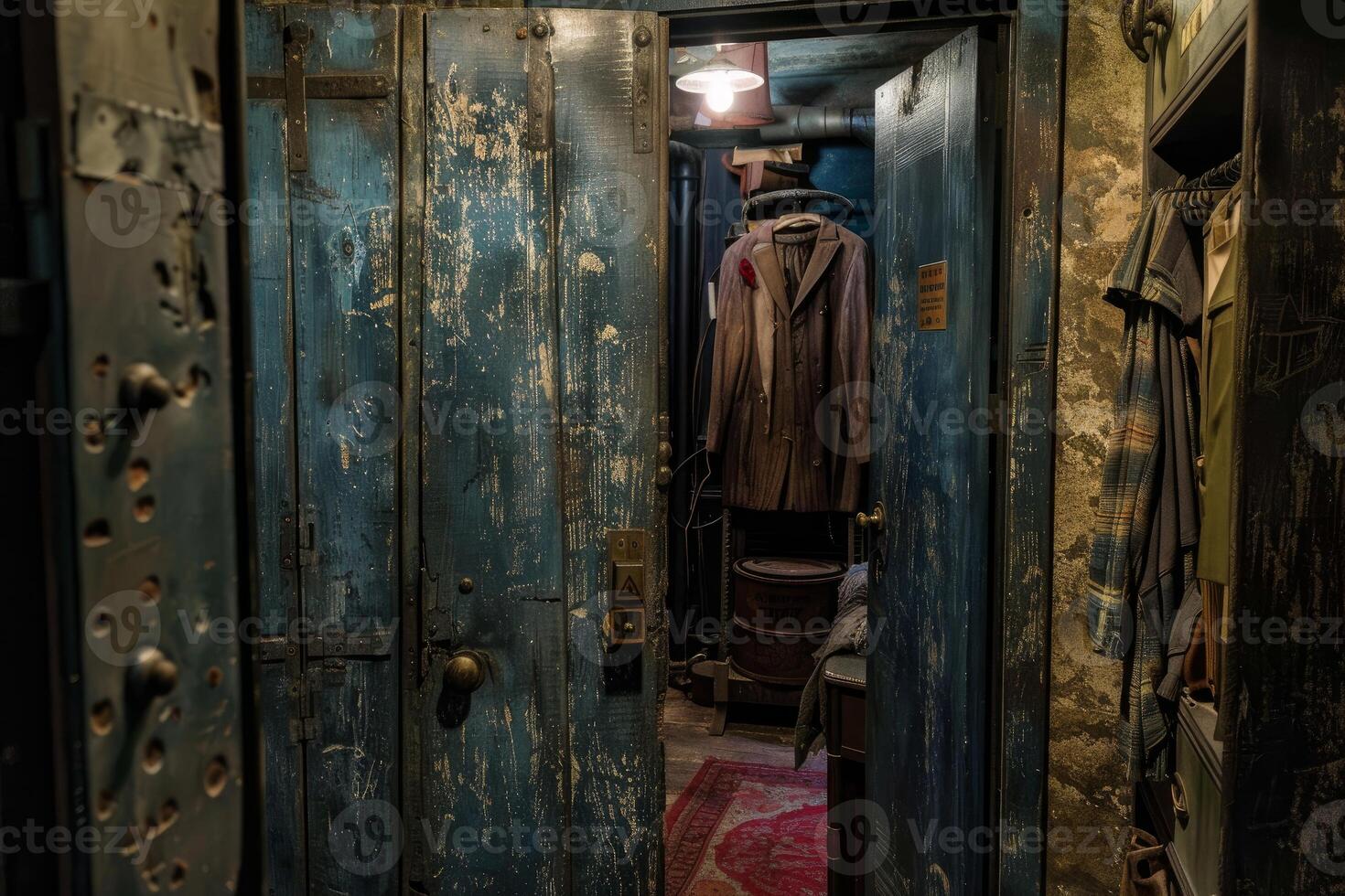 Old elevator shaft converted into dressing room showing clothes hanging on racks photo