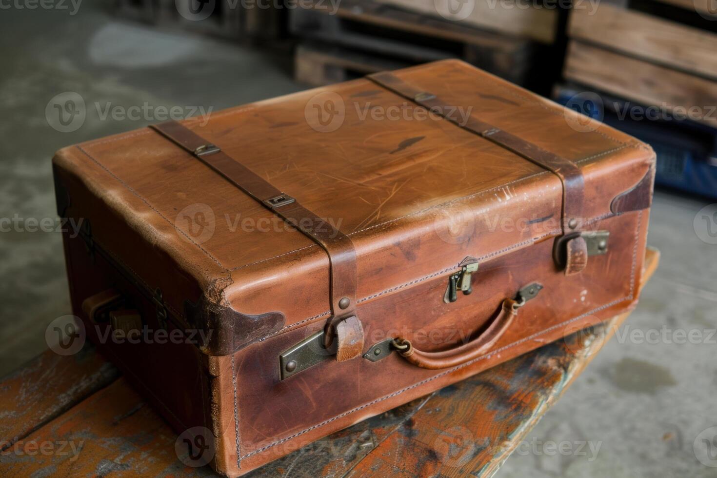 Old leather suitcase resting on rustic wooden table evokes travel memories photo