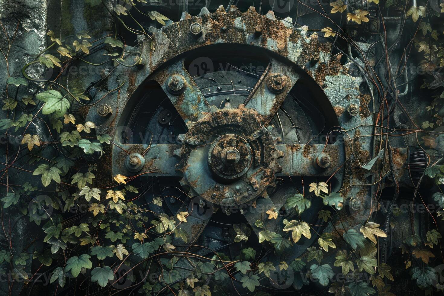 Old rusty gear covered in vines and leaves photo