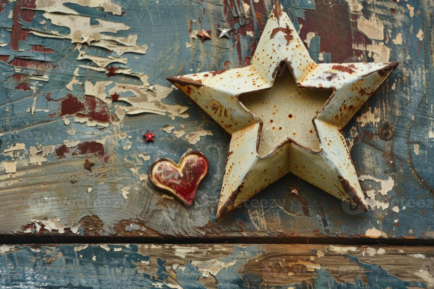 Rusty metal star and heart resting on rustic blue wooden surface photo