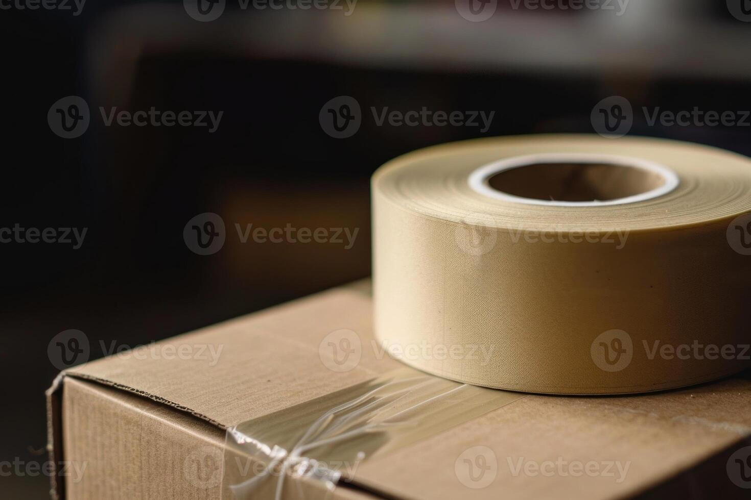 Roll of packing tape sitting on top of cardboard box photo