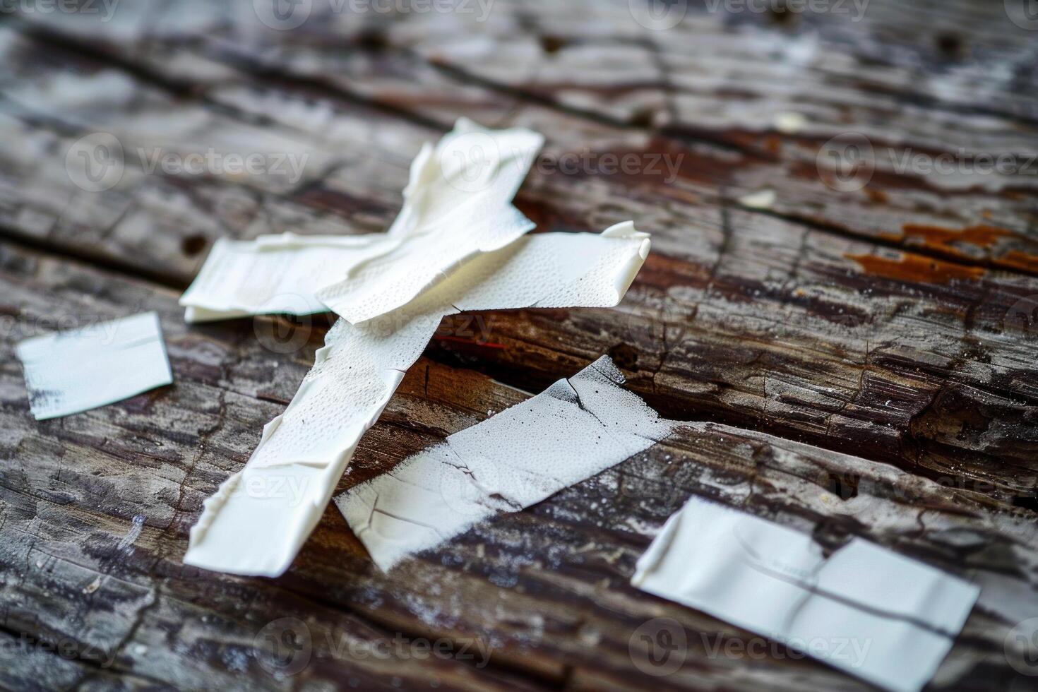 Pieces of white masking tape forming a cross on a weathered wooden surface photo