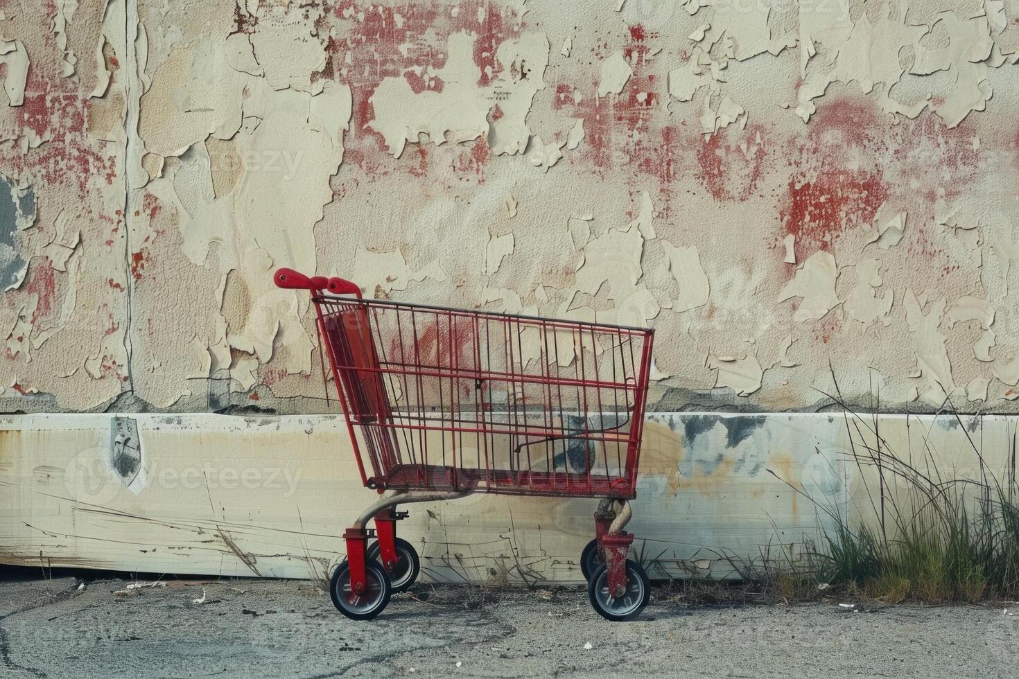 Red shopping cart abandoned in front of old wall photo
