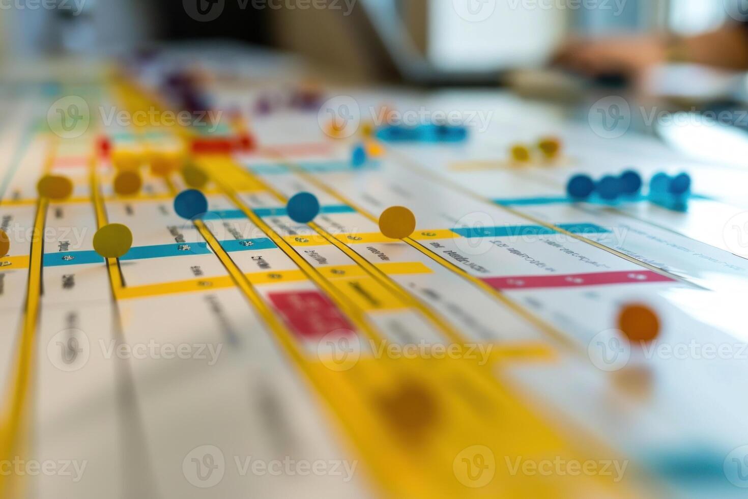 Project manager reviewing kanban board with notes and pins for agile software development photo