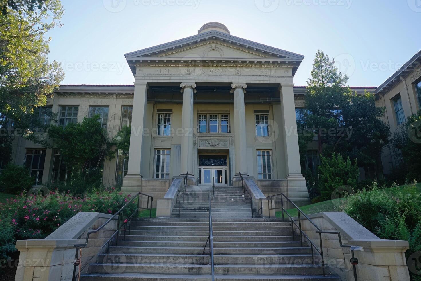 Exterior of ornate courthouse building with columns and stairs photo