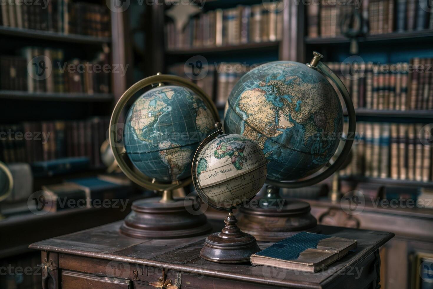 Three antique globes sitting on desk in library with bookshelves in background photo