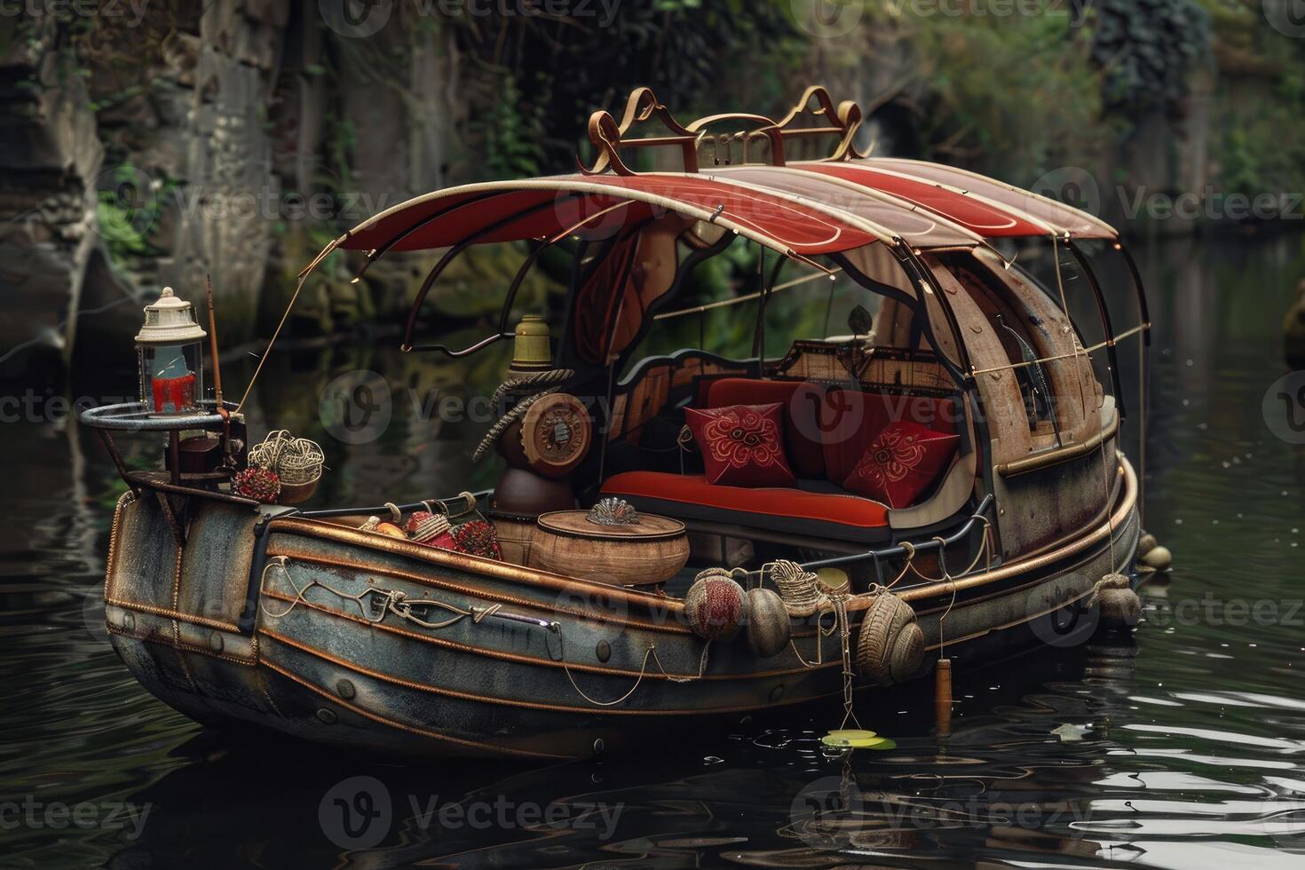 Vintage wooden boat floating on water in jungle photo
