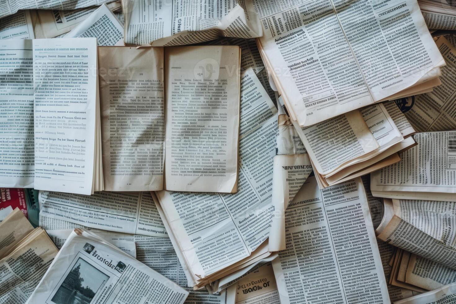 Open book lying on a pile of old newspapers covering entire surface photo