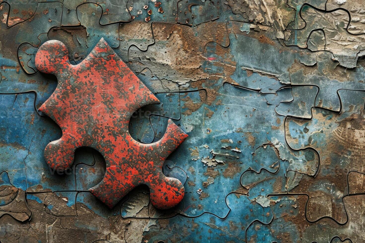 Red rusty puzzle piece connecting with other pieces on blue grunge background photo