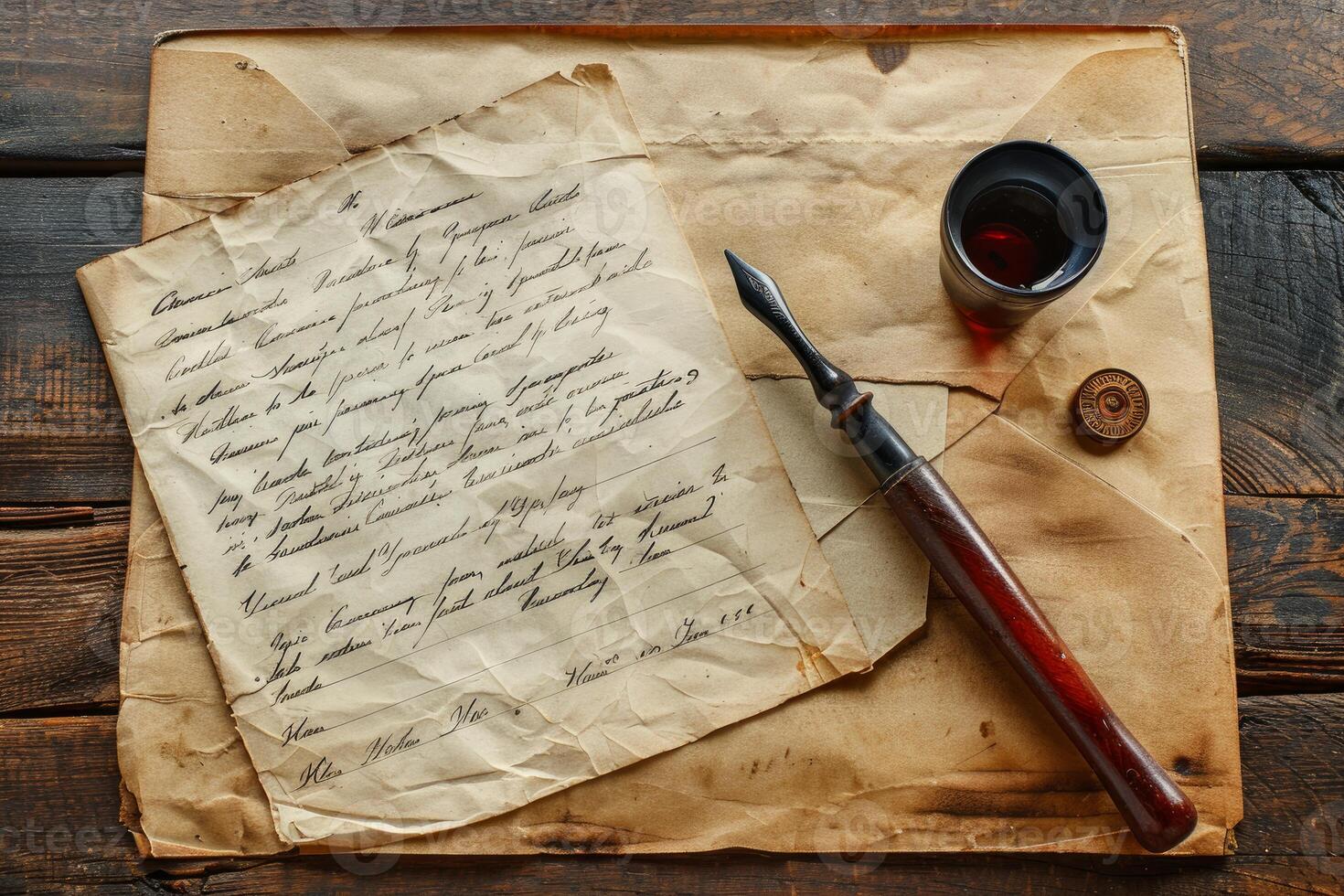 Antique dip pen lying on aged paper with stained glass of wine photo