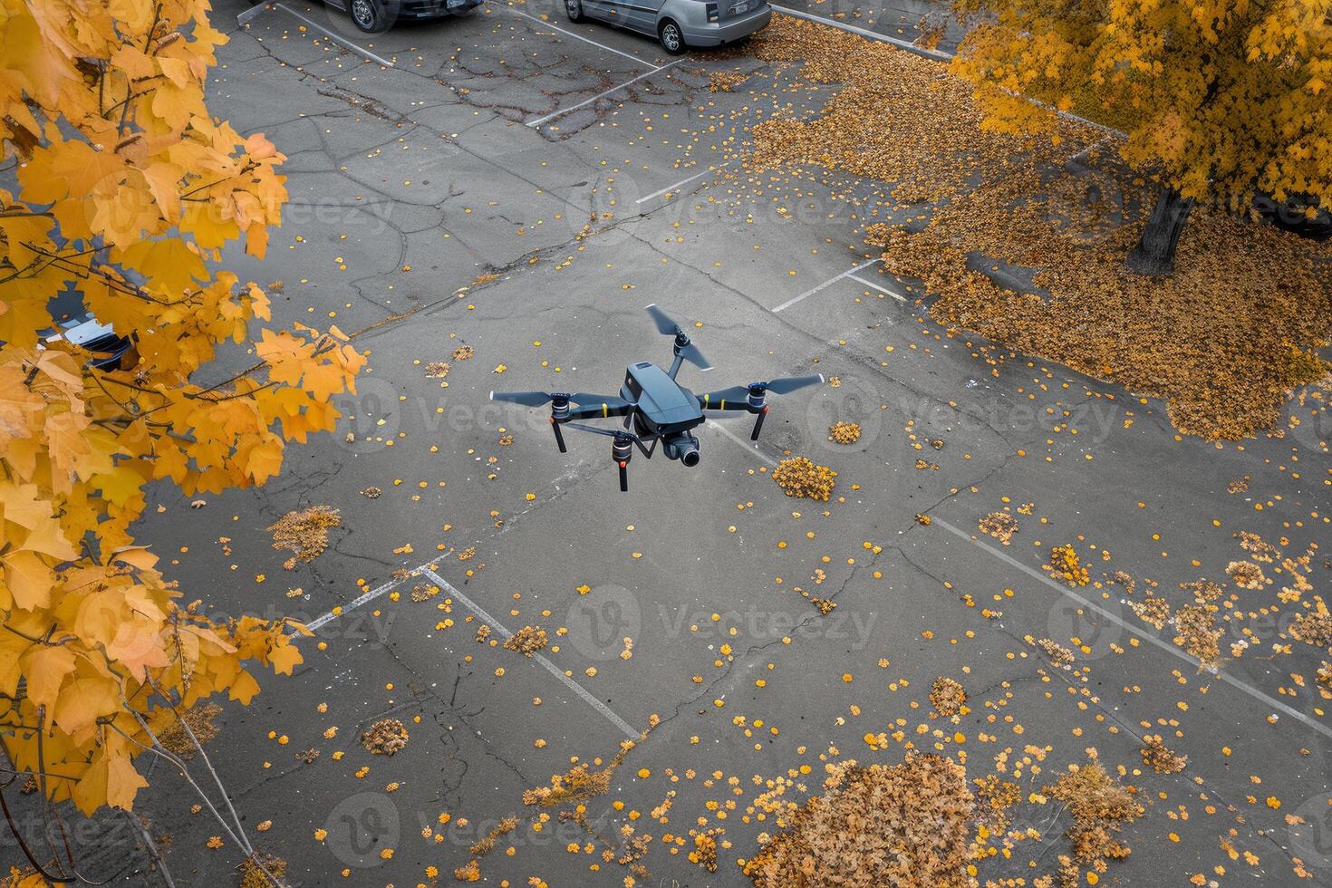 Drone flying over empty parking lot covered with autumn leaves photo