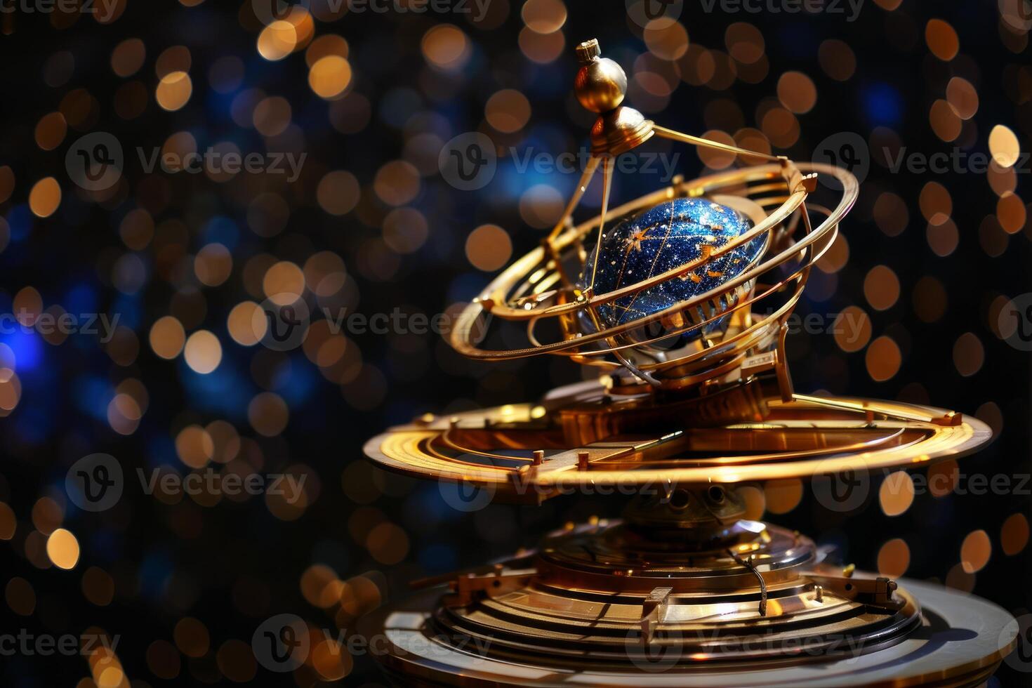 Antique armillary sphere rotating on a blurred lights background photo
