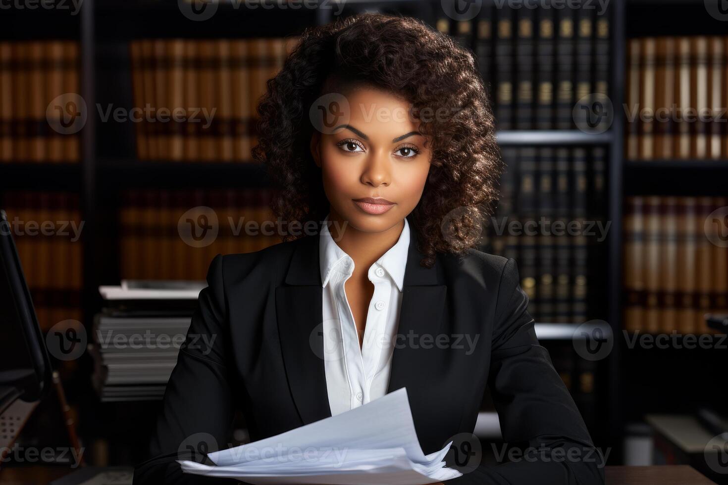 Lawyer working late reading documents in law library office photo