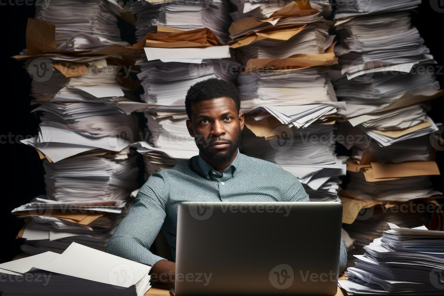 Office worker overwhelmed by paperwork using laptop computer photo