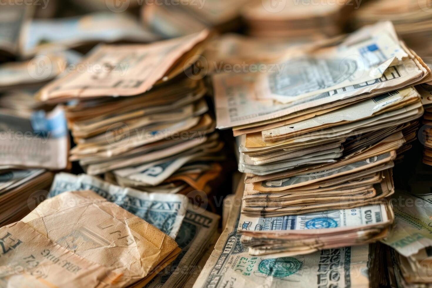 Stacks of old used dollar bills forming a small mountain of cash photo