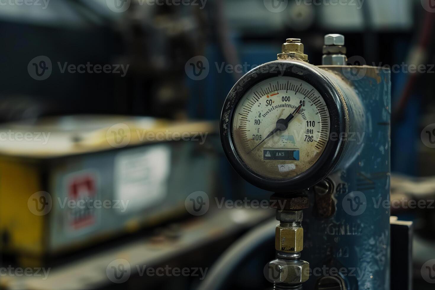 Old analog pressure gauge measuring pressure on industrial equipment photo