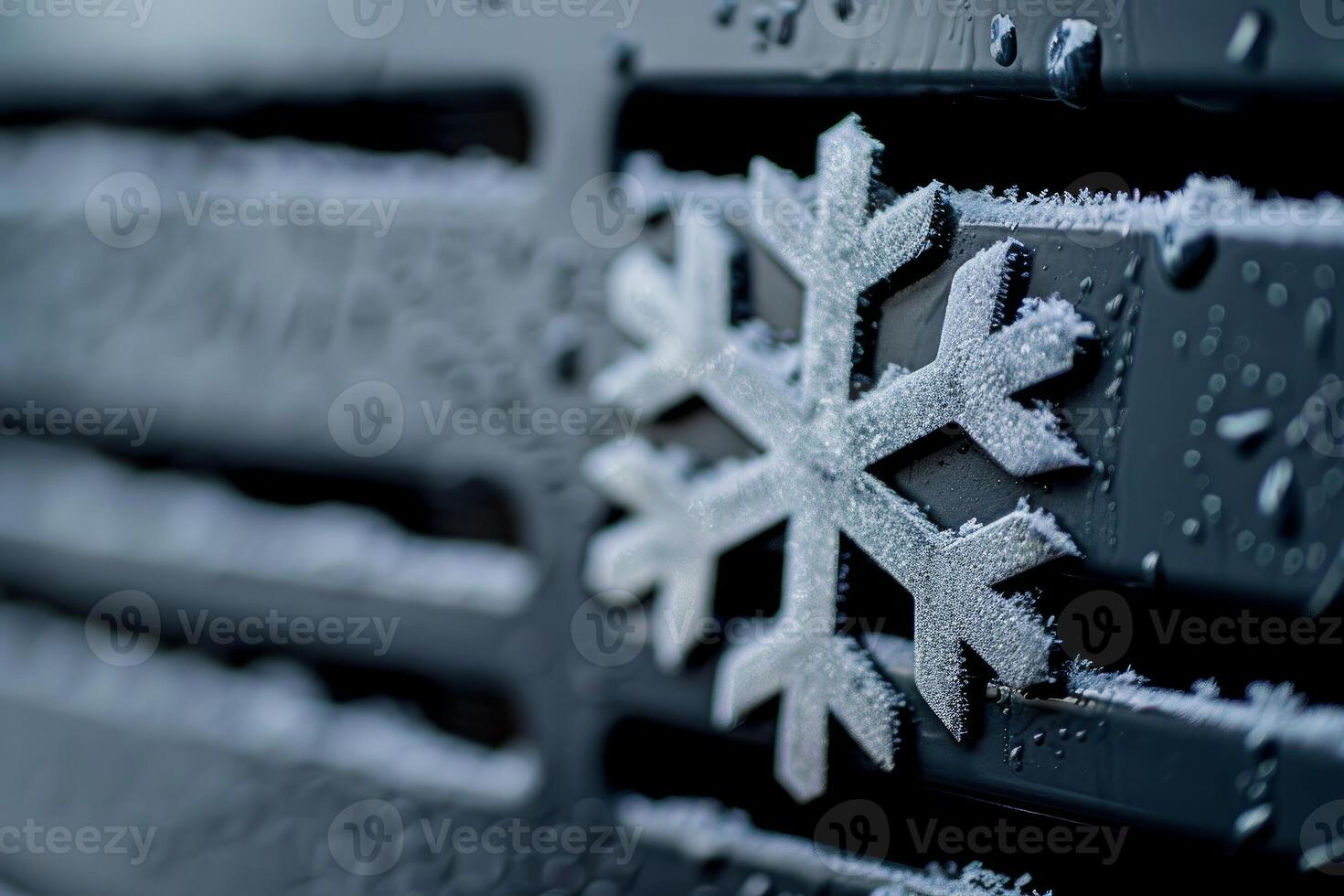 Frozen snowflake symbol covered in frost on car grille photo