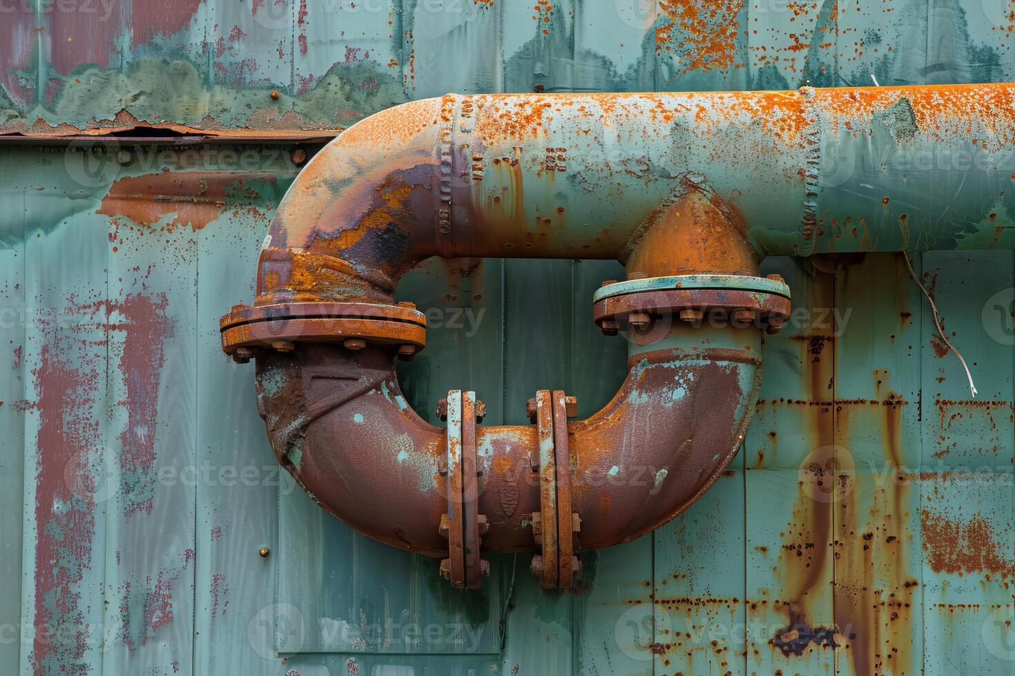 Rusty pipe making a loop on a weathered wall photo