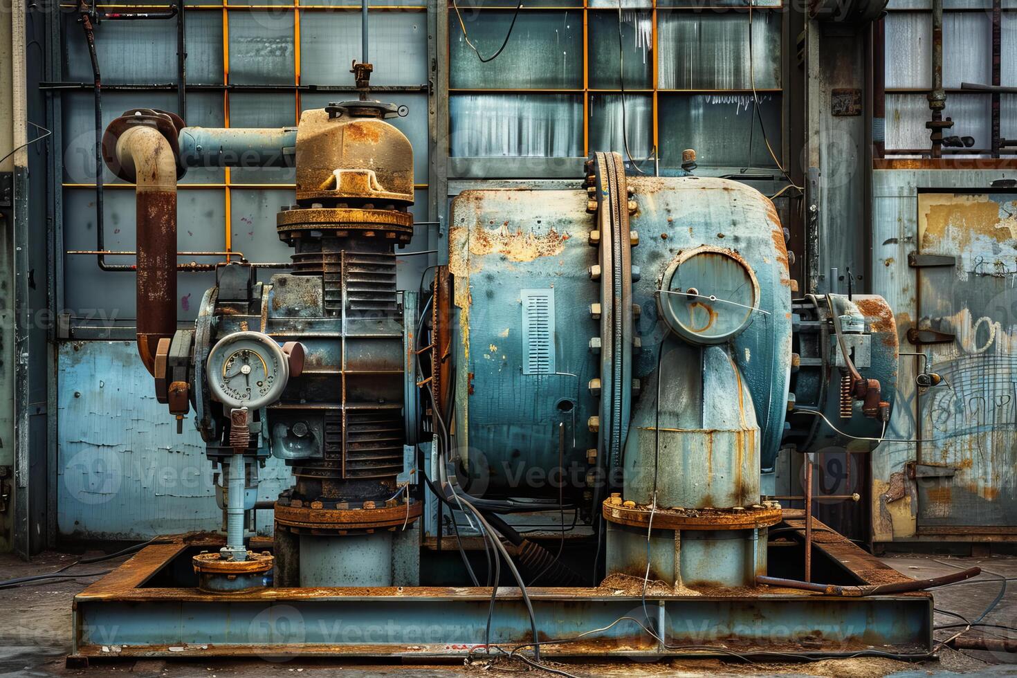 Old rusty industrial machine standing in abandoned factory photo