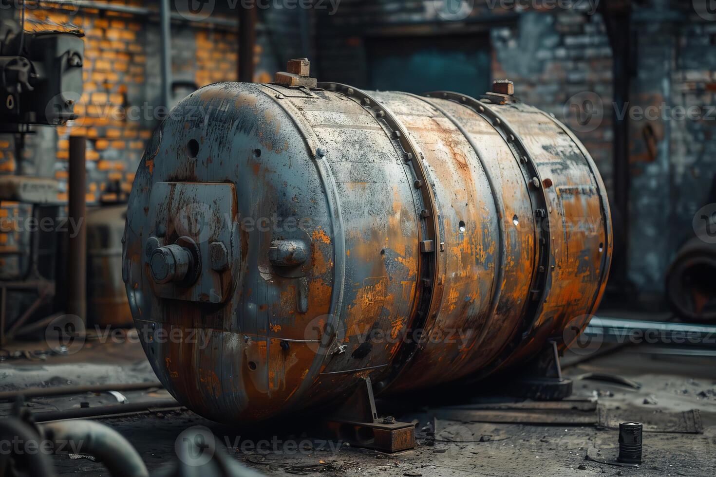 Old rusty industrial autoclave standing in abandoned factory workshop photo