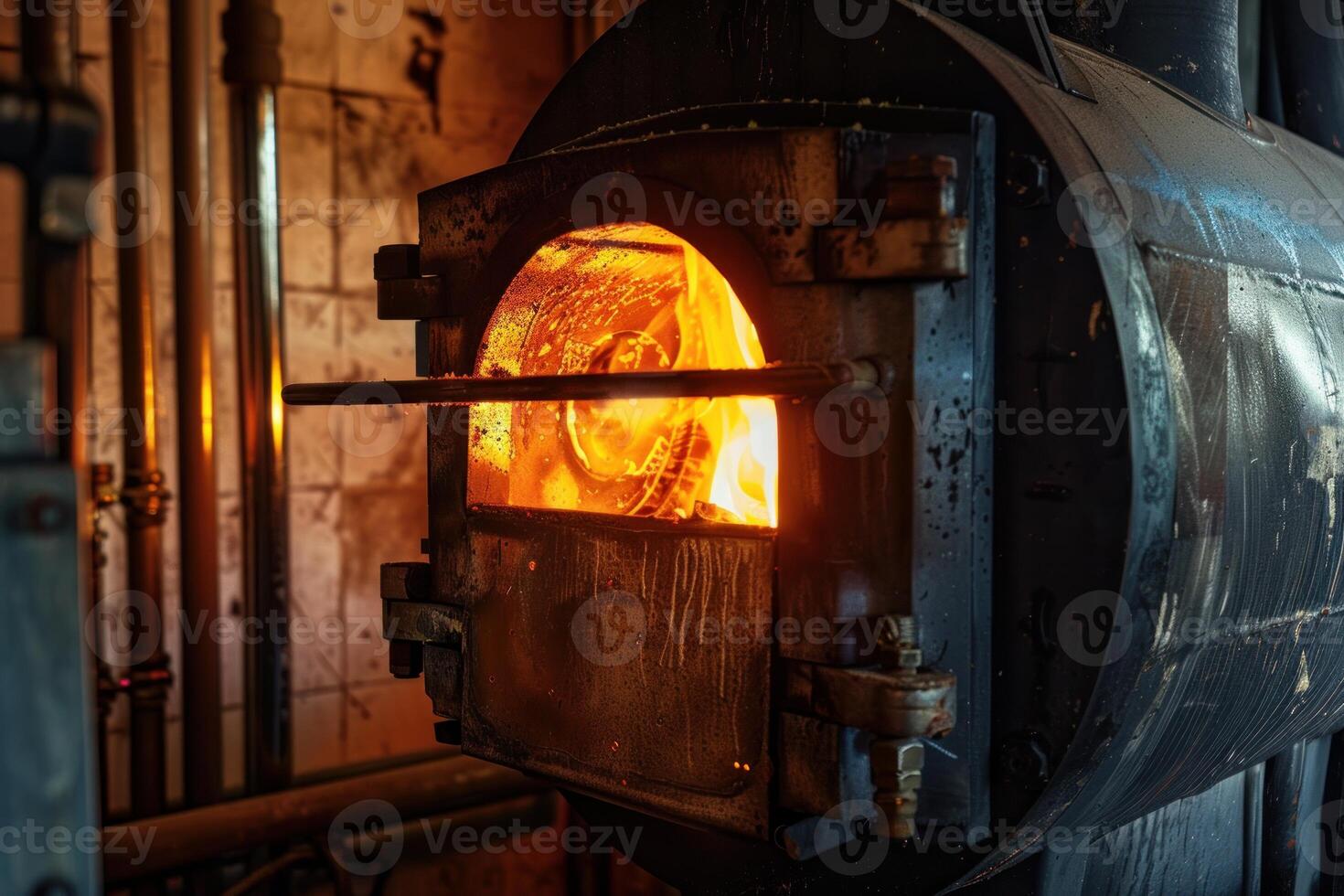 Old industrial furnace burning with bright flames in a boiler room photo