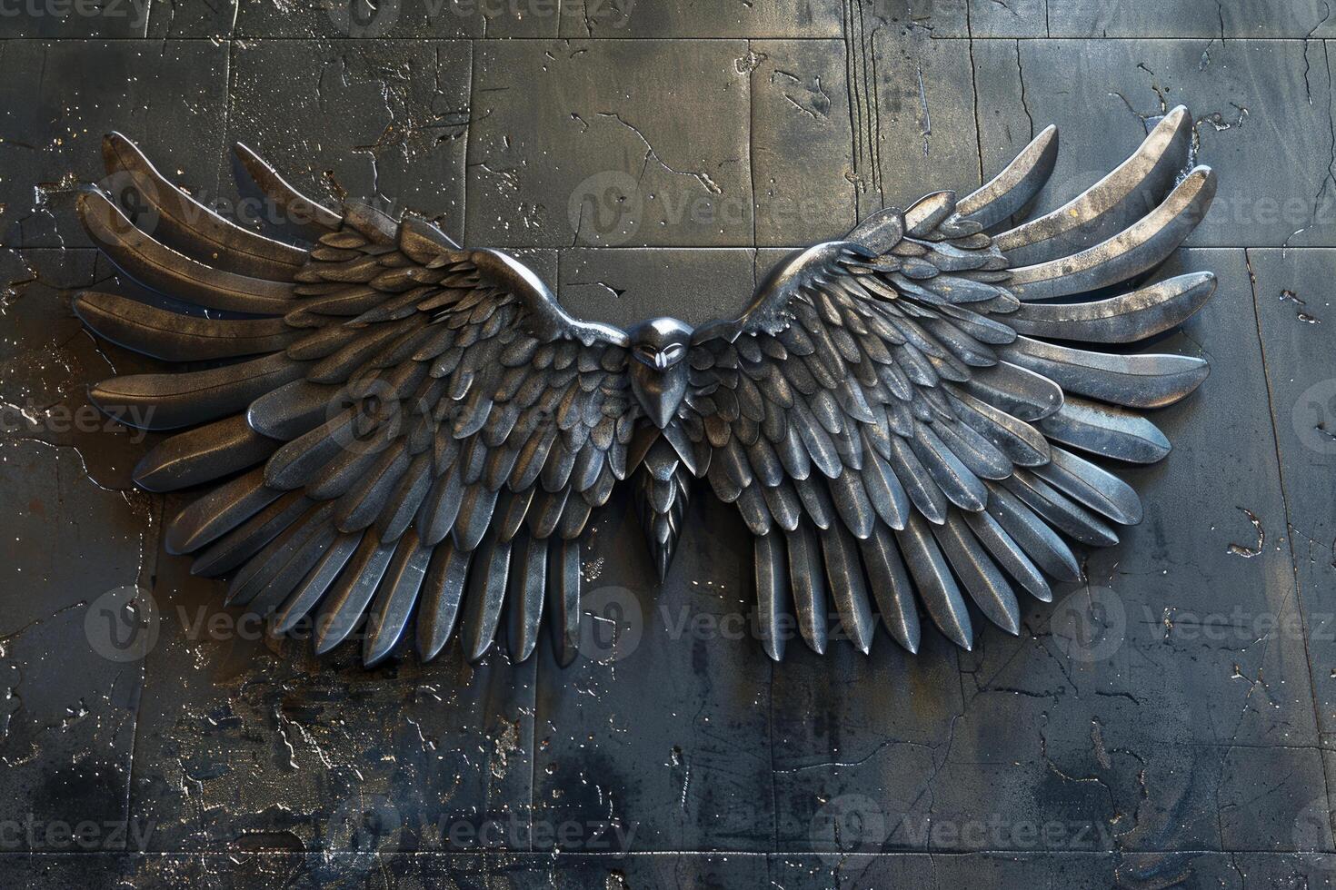 Metallic angel wings sculpture mounted on textured wall photo