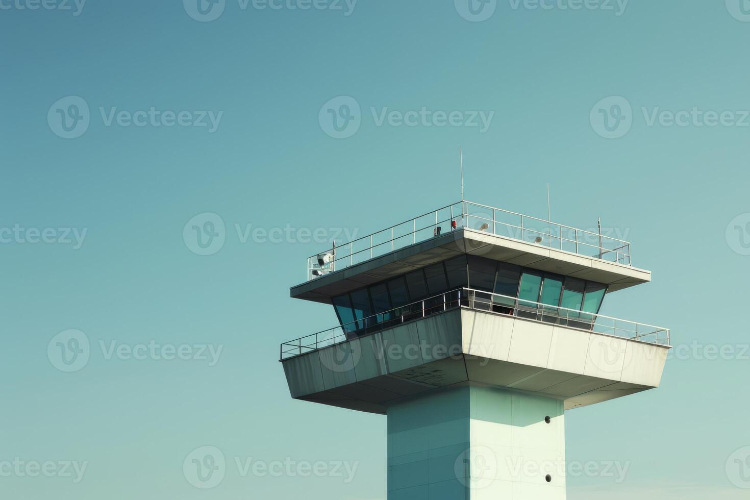 Airport control tower standing tall against a clear blue sky photo