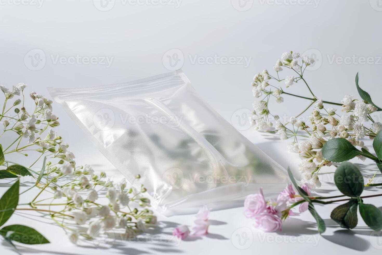 Transparent plastic bag lying on white surface surrounded by flowers photo