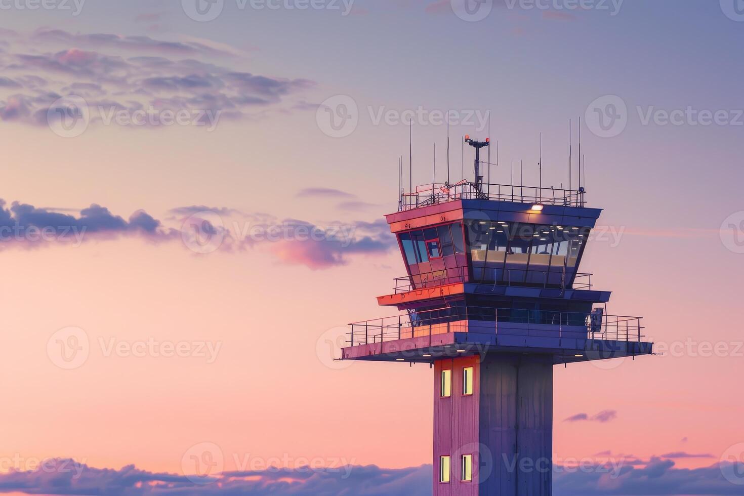 Airport control tower standing tall against a beautiful sunset sky photo